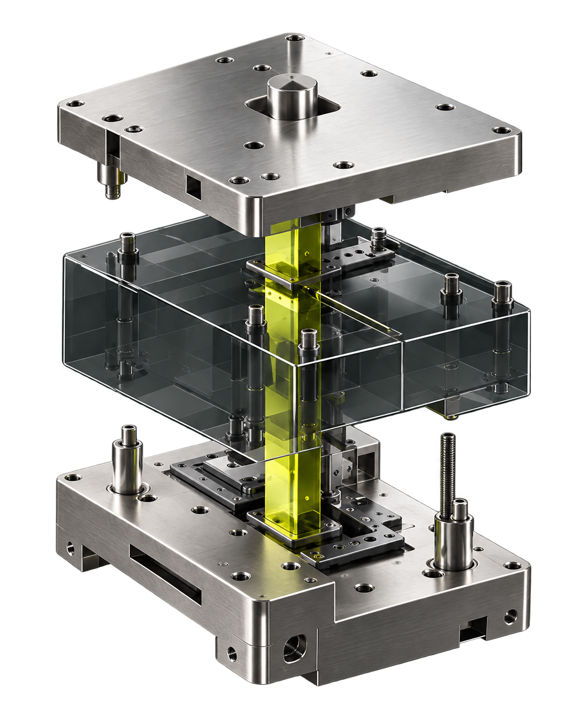 Exploded metal-and-glass assembly illustrating a system that can be built, documented, and maintained